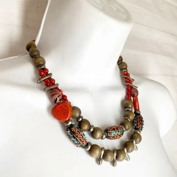 CHICOS Necklace Colorful Beaded Double Strand Tribal Red Brown Silver Vintage - Picture 8 of 11